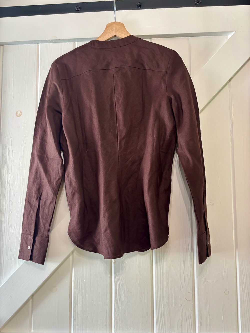 J. Crew Bias Cut Linen Shirt Smoked Walnut Brown Band collar Minimalist 6 - Picture 3 of 8
